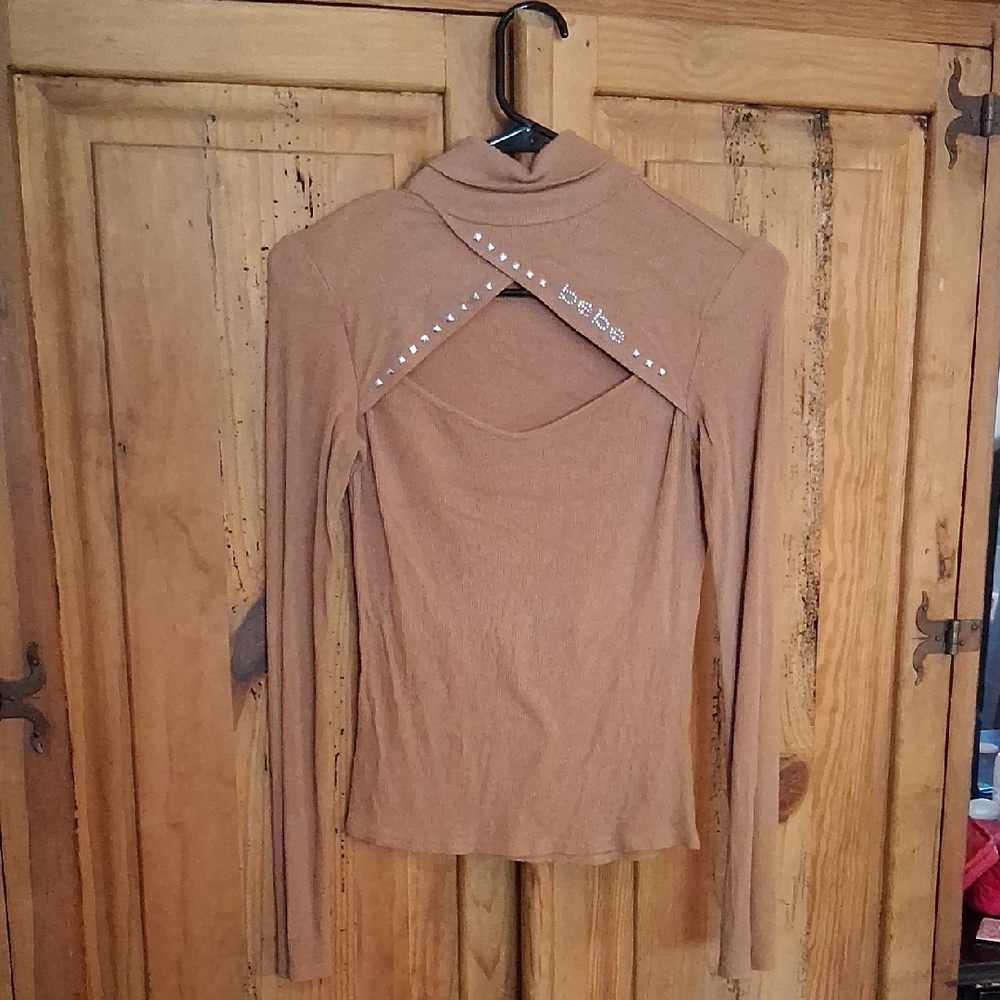 Bebe Tan Embellished Cut Out Blouse
